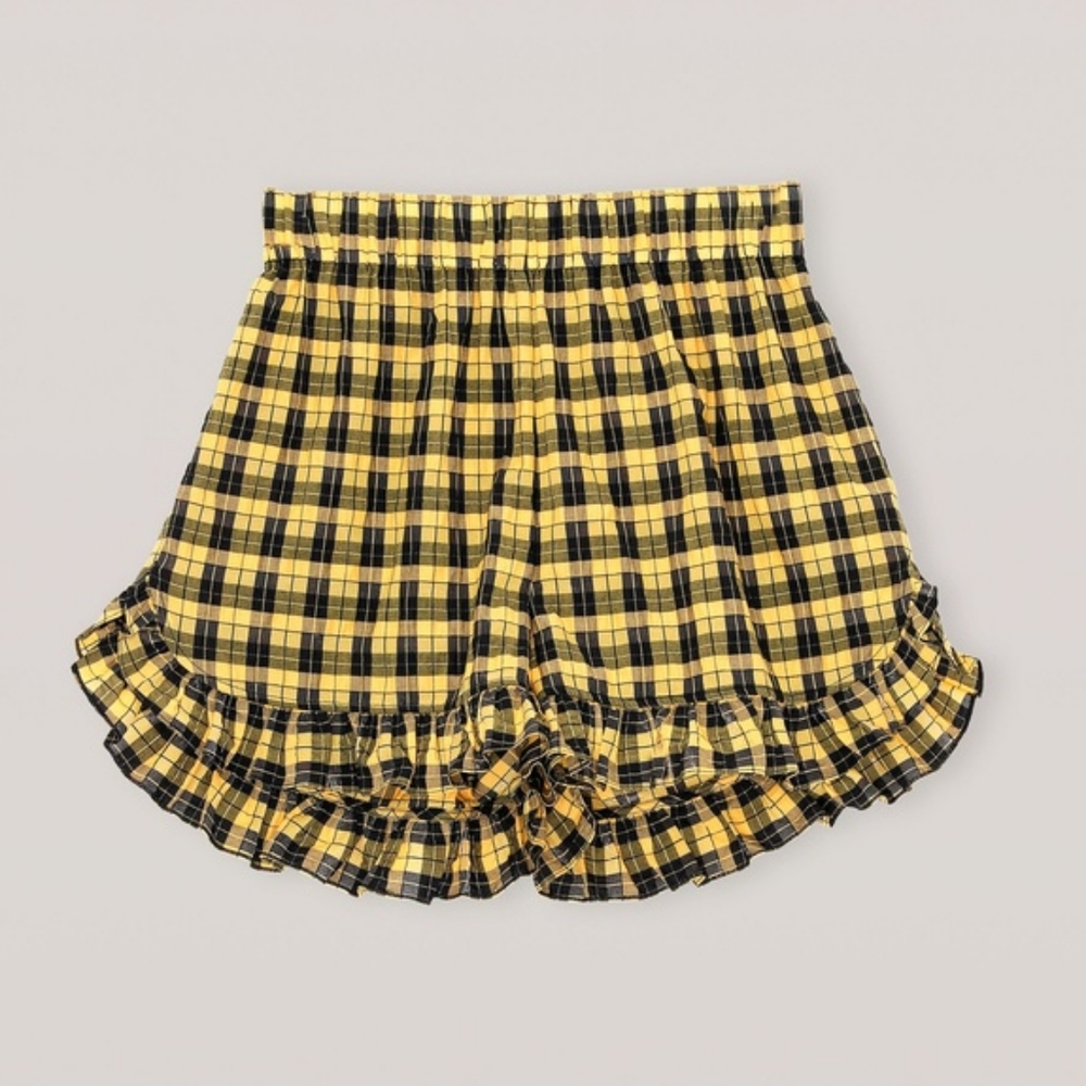 Ganni yellow check ruffled shorts